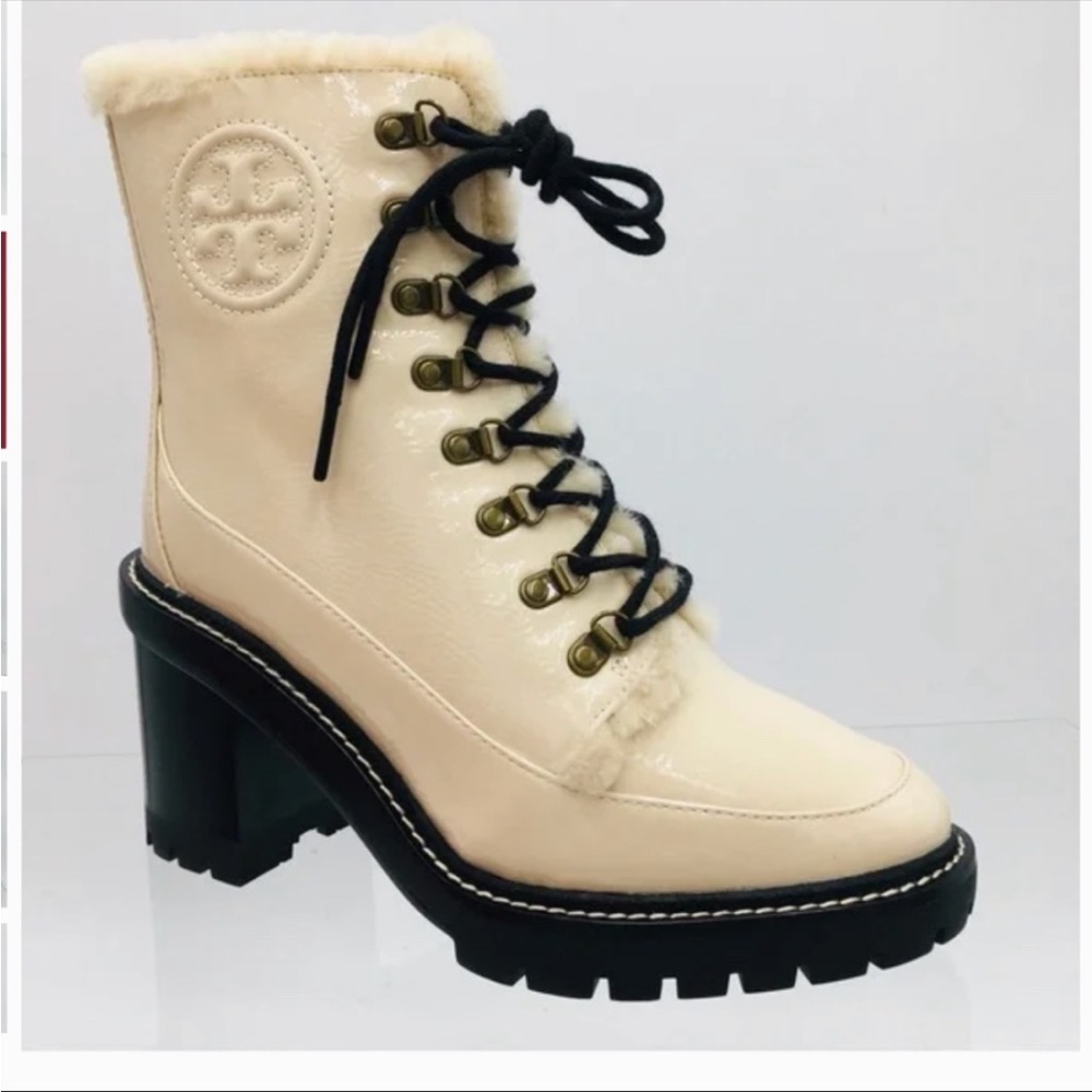 New Tory Burch Miller Shearling Lug Sole combat Boot white cream fur block heel